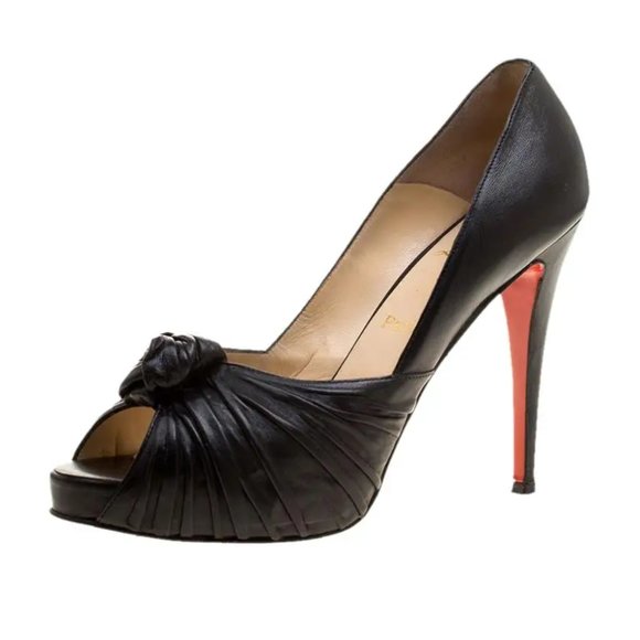 Christian Louboutin Lady Gres Platform Pumps Black Leather Peep Toe Ruched Knot - Picture 1 of 16